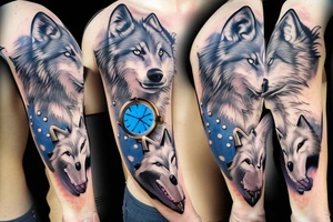 Wolf and clock with blue eyes tattoo idea