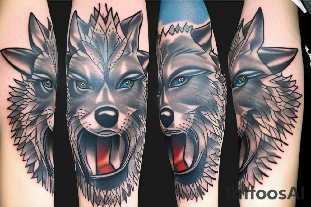 Wolf and clock with blue eyes tattoo idea