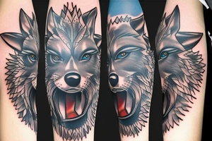 Wolf and clock with blue eyes tattoo idea