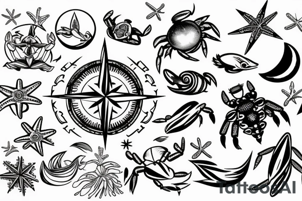 lower back tattoo with a compass, blue crab, ocean waves, tropical flowers and moon and stars tattoo idea