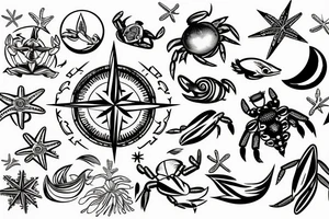 lower back tattoo with a compass, blue crab, ocean waves, tropical flowers and moon and stars tattoo idea