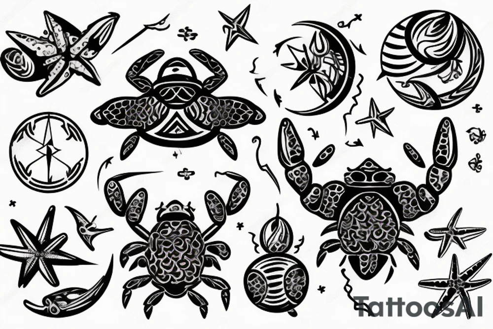 lower back tattoo with a compass, blue crab, ocean waves, tropical flowers and moon and stars tattoo idea