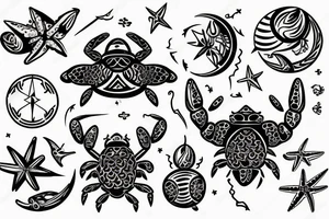 lower back tattoo with a compass, blue crab, ocean waves, tropical flowers and moon and stars tattoo idea