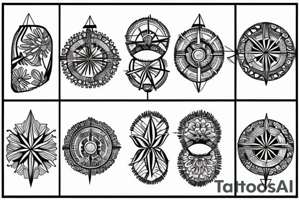 compass, tropical flowers tattoo idea