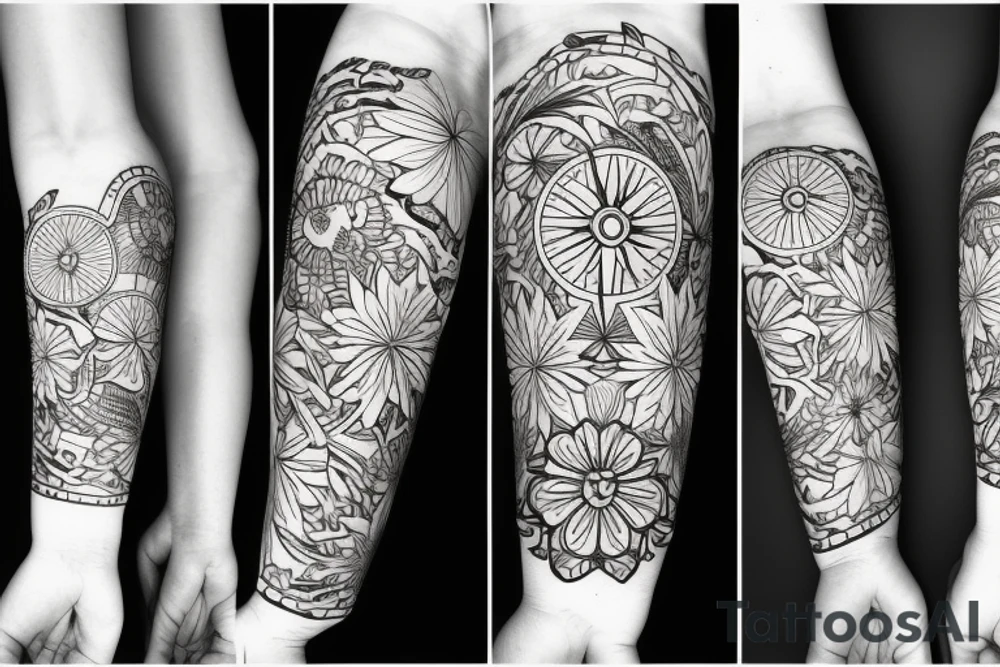 compass, tropical flowers tattoo idea