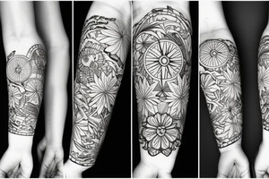 compass, tropical flowers tattoo idea