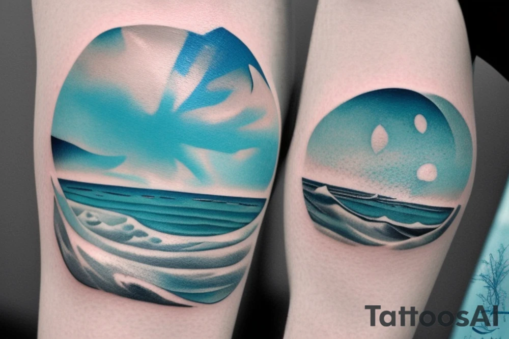a serene ocean scene with elements of memento mori subtly incorporated? Picture a calm sea with rolling waves and maybe a sailboat on the horizon. In the sky, a gentle reminder of life's impermanence could be symbolized by a drifting hourglass-shaped cloud or a seagull carrying a small hourglass. tattoo idea