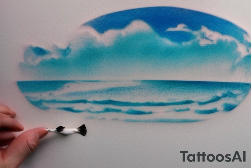 a serene ocean scene with elements of memento mori subtly incorporated? Picture a calm sea with rolling waves and maybe a sailboat on the horizon. In the sky, a gentle reminder of life's impermanence could be symbolized by a drifting hourglass-shaped cloud or a seagull carrying a small hourglass. tattoo idea
