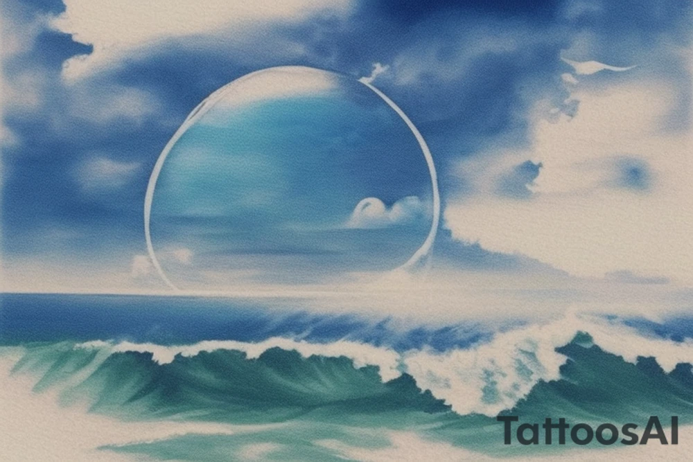 a serene ocean scene with elements of memento mori subtly incorporated? Picture a calm sea with rolling waves and maybe a sailboat on the horizon. In the sky, a gentle reminder of life's impermanence could be symbolized by a drifting hourglass-shaped cloud or a seagull carrying a small hourglass. tattoo idea