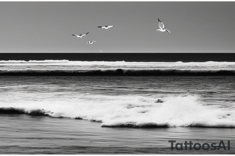 a serene ocean scene with elements of memento mori subtly incorporated? Picture a calm sea with rolling waves and maybe a sailboat on the horizon. In the sky, a gentle reminder of life's impermanence could be symbolized by a drifting hourglass-shaped cloud or a seagull carrying a small hourglass. tattoo idea
