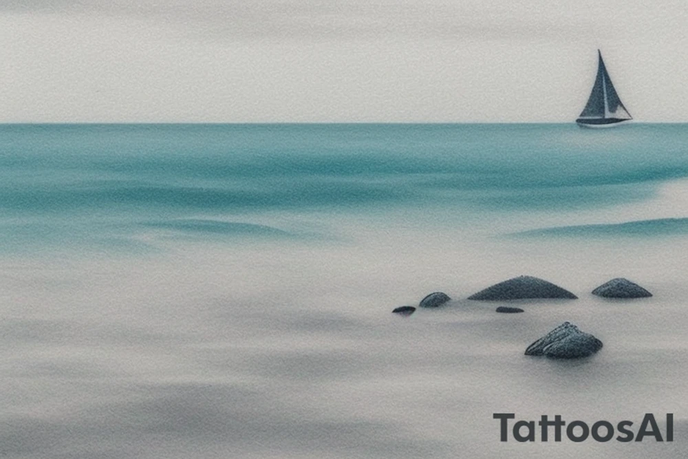 a serene ocean scene with elements of memento mori subtly incorporated? Picture a calm sea with rolling waves and maybe a sailboat on the horizon. In the sky, a gentle reminder of life's impermanence could be symbolized by a drifting hourglass-shaped cloud or a seagull carrying a small hourglass. tattoo idea