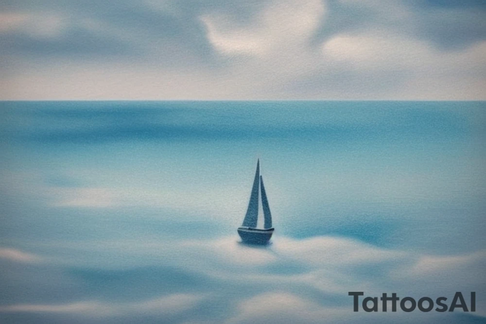 a serene ocean scene with elements of memento mori subtly incorporated? Picture a calm sea with rolling waves and maybe a sailboat on the horizon. In the sky, a gentle reminder of life's impermanence could be symbolized by a drifting hourglass-shaped cloud or a seagull carrying a small hourglass. tattoo idea