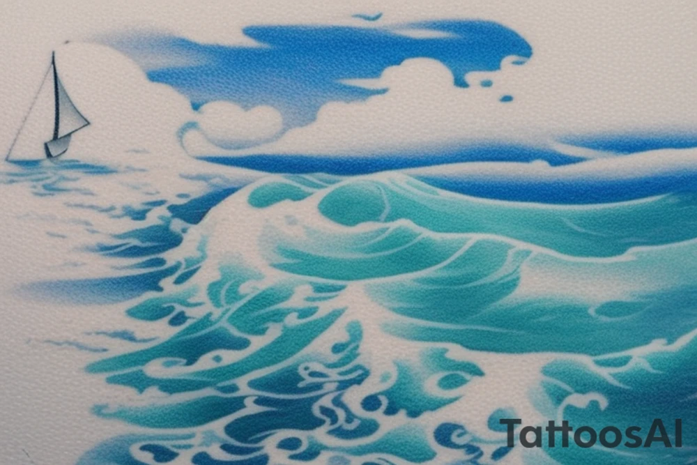 a serene ocean scene with elements of memento mori subtly incorporated? Picture a calm sea with rolling waves and maybe a sailboat on the horizon. In the sky, a gentle reminder of life's impermanence could be symbolized by a drifting hourglass-shaped cloud or a seagull carrying a small hourglass. tattoo idea