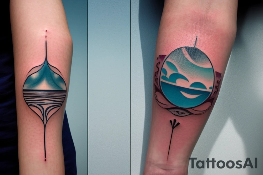 a serene ocean scene with elements of memento mori subtly incorporated? Picture a calm sea with rolling waves and maybe a sailboat on the horizon. In the sky, a gentle reminder of life's impermanence could be symbolized by a drifting hourglass-shaped cloud or a seagull carrying a small hourglass. tattoo idea