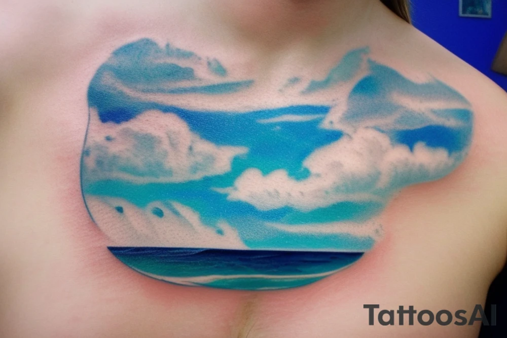 a serene ocean scene with elements of memento mori subtly incorporated? Picture a calm sea with rolling waves and maybe a sailboat on the horizon. In the sky, a gentle reminder of life's impermanence could be symbolized by a drifting hourglass-shaped cloud or a seagull carrying a small hourglass. tattoo idea