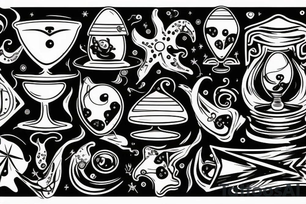 beach scene of ocean with hourglass in the water with memento mori written on it tattoo idea