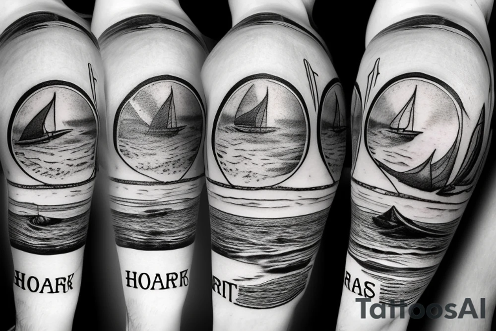 beach scene of ocean with hourglass in the water with memento mori written on it tattoo idea