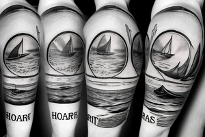 beach scene of ocean with hourglass in the water with memento mori written on it tattoo idea
