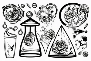 beach scene of ocean with hourglass in the water with memento mori written on it tattoo idea