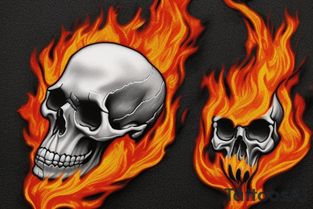 a realistic skull at the center, engulfed in vibrant flames that gradually transition into the falling petals or sand at the bottom. The flames can represent the transient and fleeting nature of life, while the skull and memento mori remind us of mortality tattoo idea