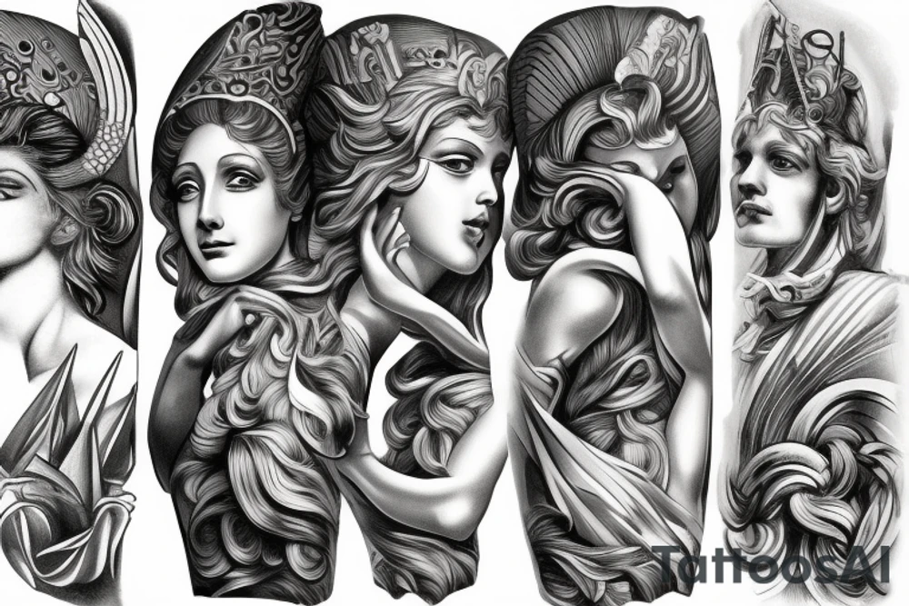 Fine line Greek gods style photorealistic tattoo idea