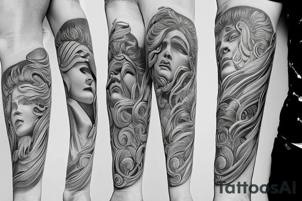 Greek gods style photorealistic minimalistic fine line tattoo idea