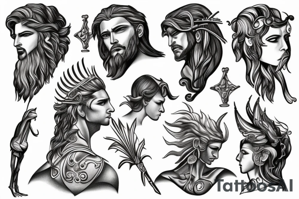 Greek gods style photorealistic minimalistic fine line tattoo idea