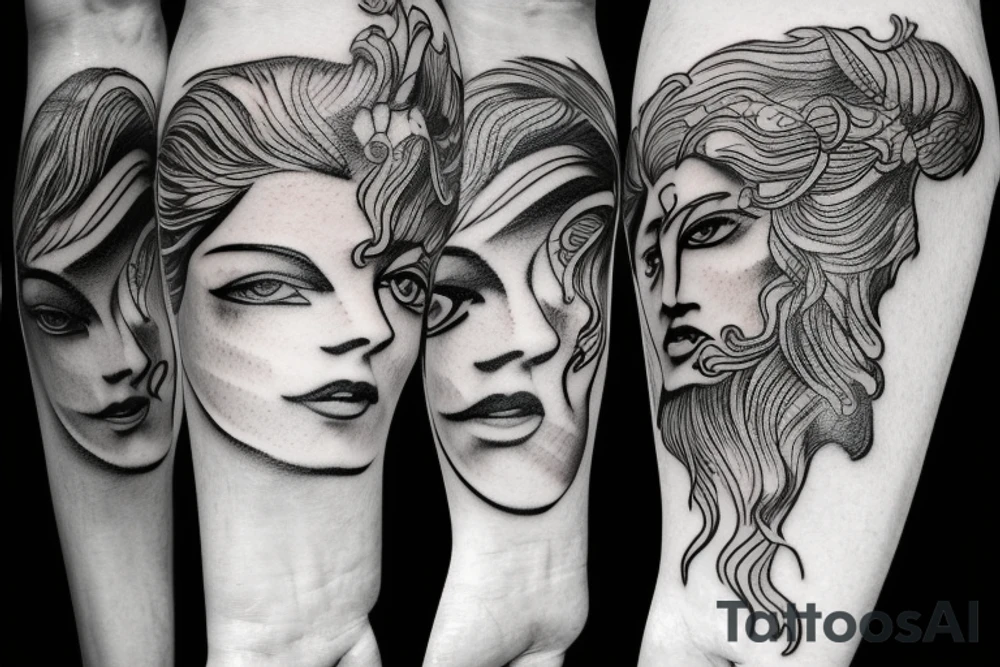 Greek gods style photorealistic minimalistic fine lin tattoo idea