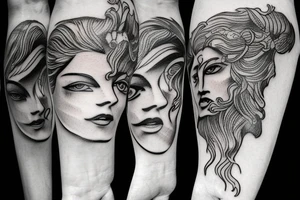 Greek gods style photorealistic minimalistic fine lin tattoo idea