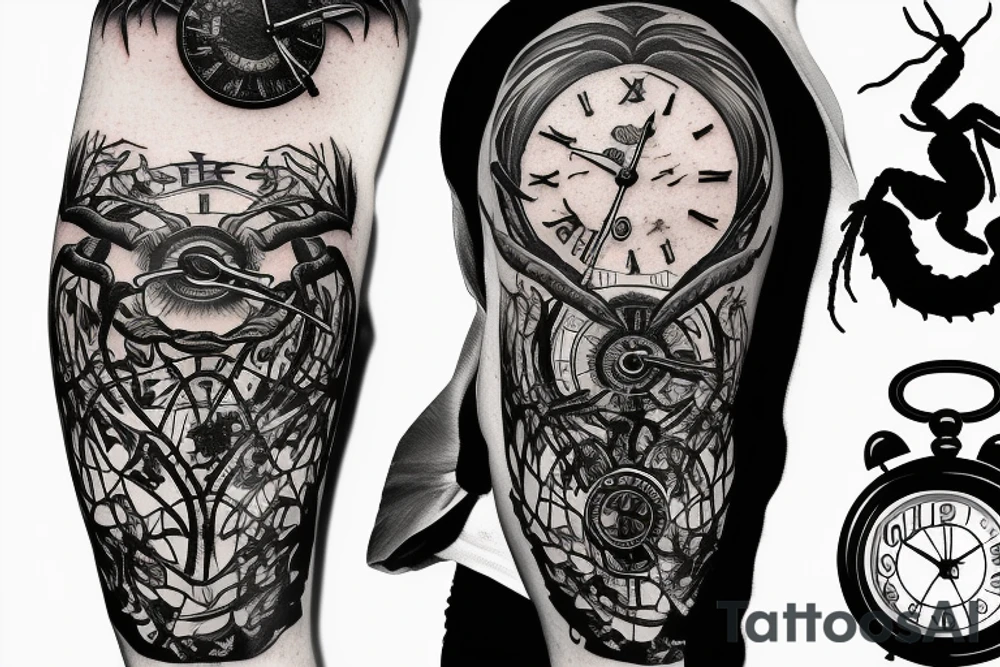 Scorpion in forest with clock tower tattoo idea
