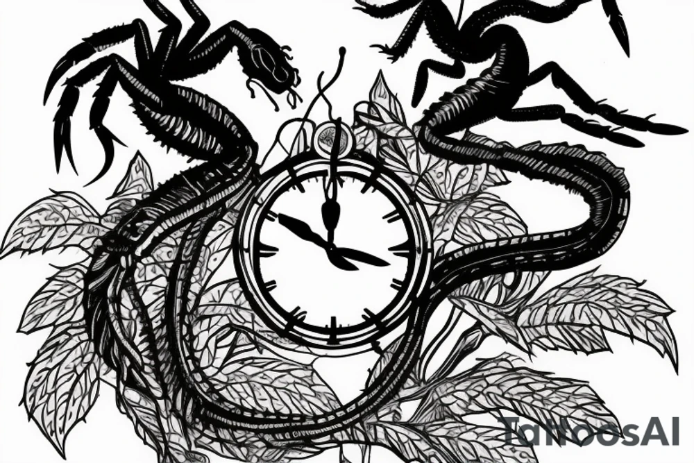 Scorpion in forest with clock tower tattoo idea