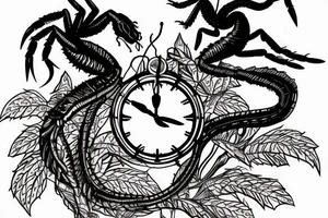 Scorpion in forest with clock tower tattoo idea