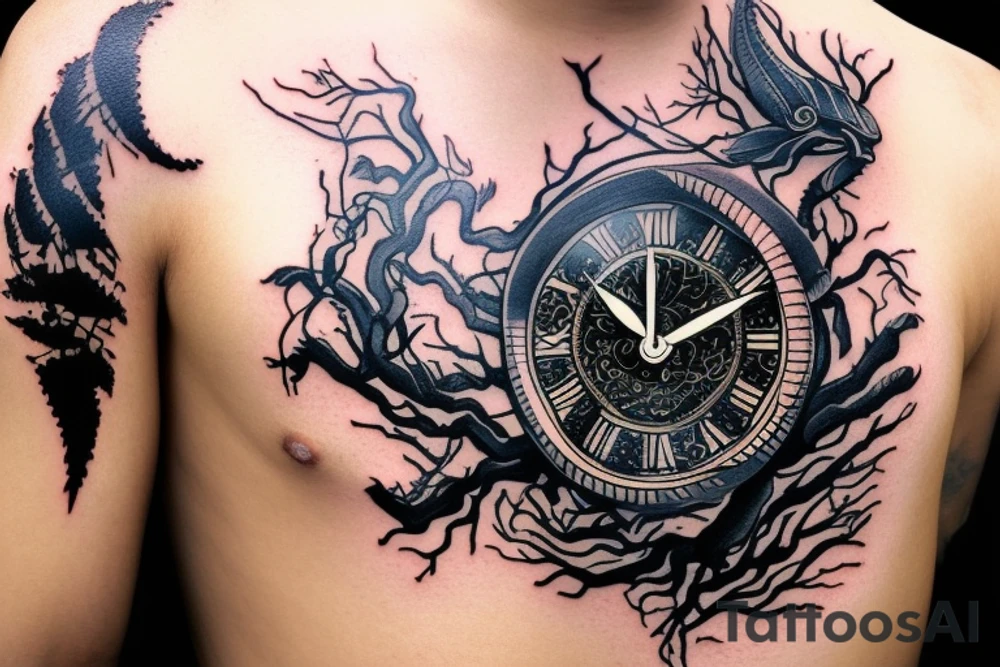 Scorpion in forest with clock tower tattoo idea