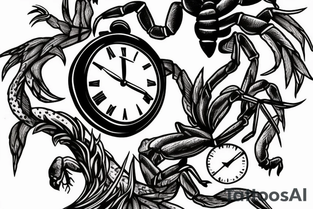 Scorpion in forest with clock tower tattoo idea