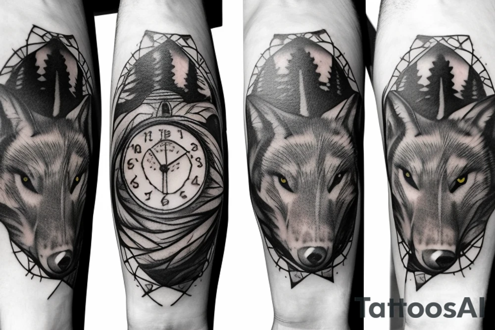 Wolf in forest with clock tower tattoo idea