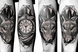Wolf in forest with clock tower tattoo idea
