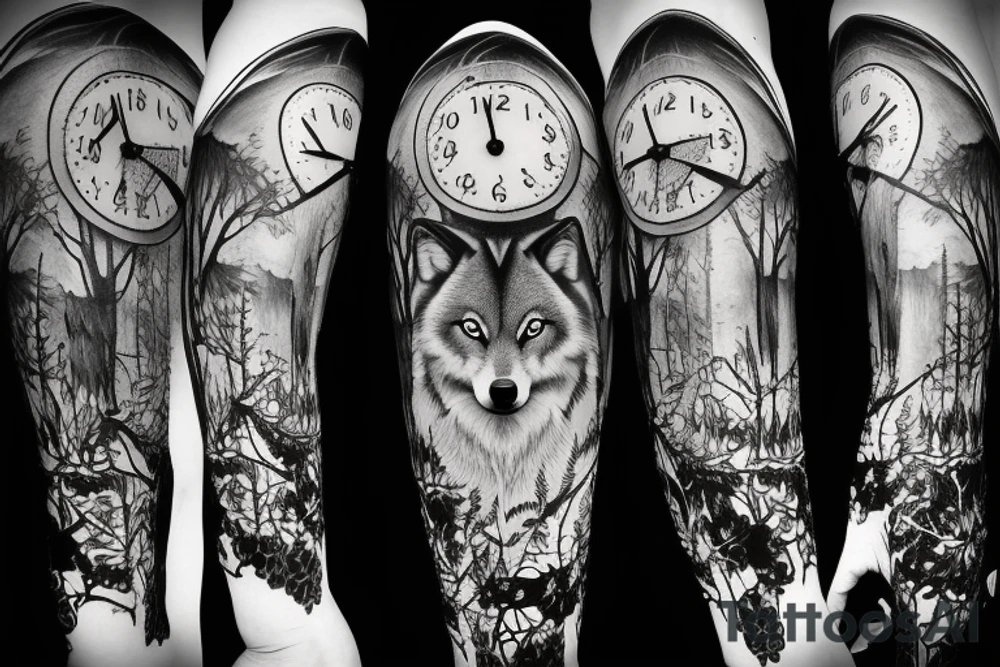 Wolf in forest with clock tower tattoo idea