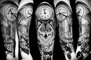 Wolf in forest with clock tower tattoo idea