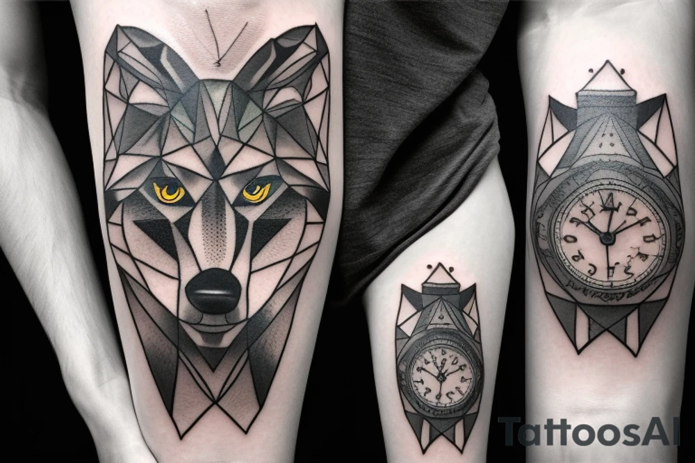 Wolf in forest with old clock tower tattoo idea