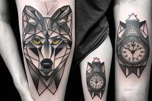 Wolf in forest with old clock tower tattoo idea