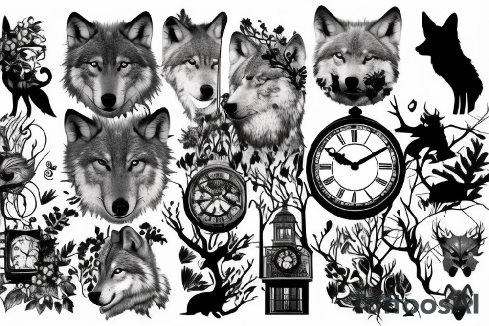 Wolf in forest with old clock tower tattoo idea