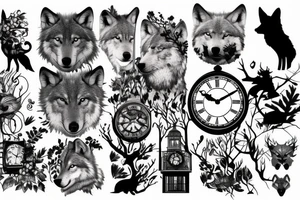 Wolf in forest with old clock tower tattoo idea