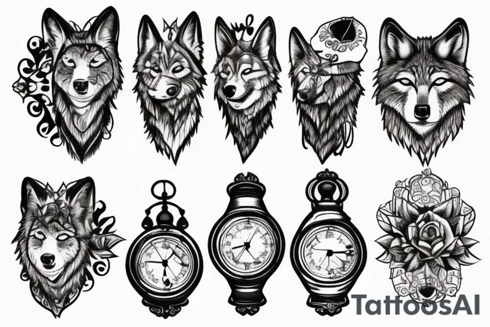 Wolf in forest with old clock tower tattoo idea