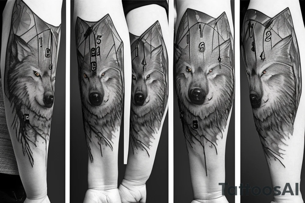 Wolf in forest with old clock tower tattoo idea
