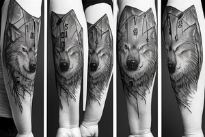 Wolf in forest with old clock tower tattoo idea