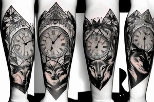 Wolf in forest with old clock tower tattoo idea