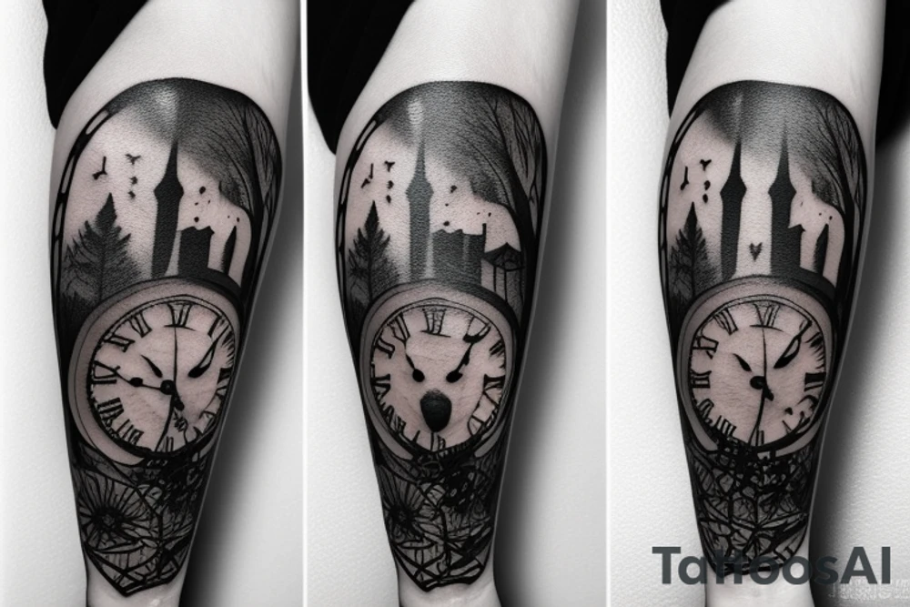 Wolf in forest with old clock tower tattoo idea