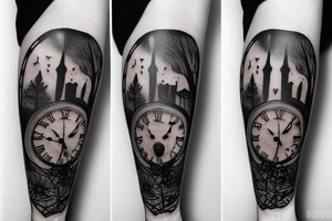 Wolf in forest with old clock tower tattoo idea