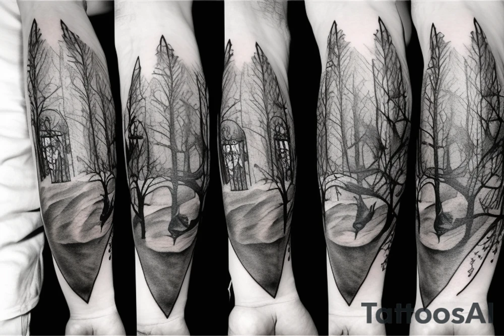 Wolf in forest with old clock tower tattoo idea