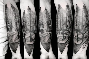 Wolf in forest with old clock tower tattoo idea